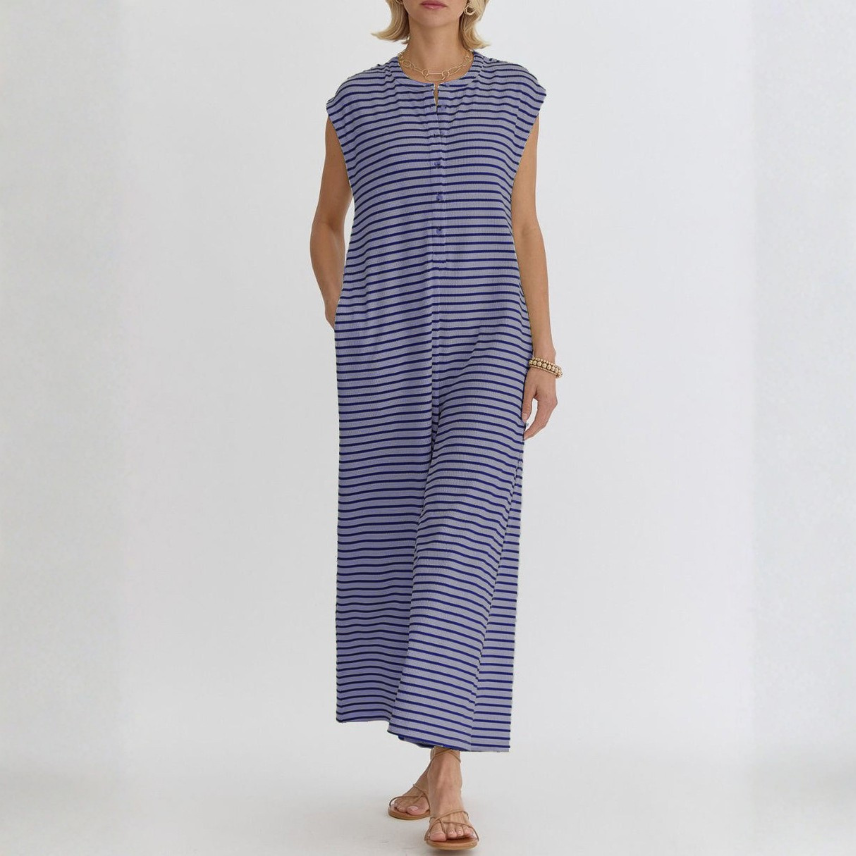 KETURAH™ - Casual Striped Cap Sleeve Wide Leg Jumpsuit