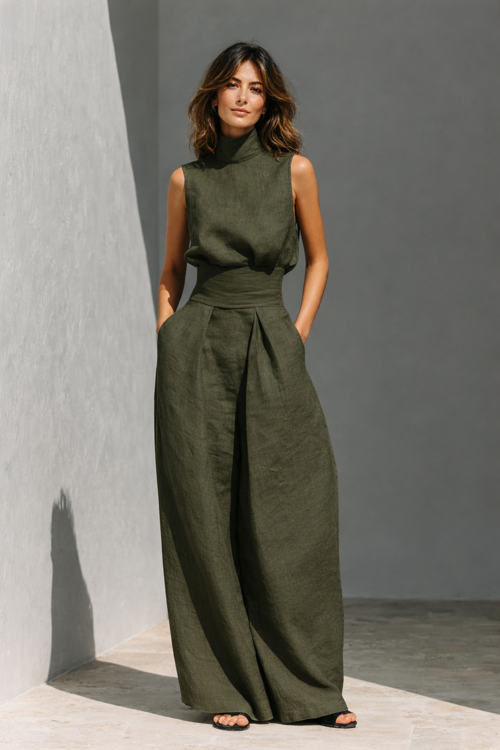 Maria - Complete set with tank top and wide pants in minimalist cotton and linen for women