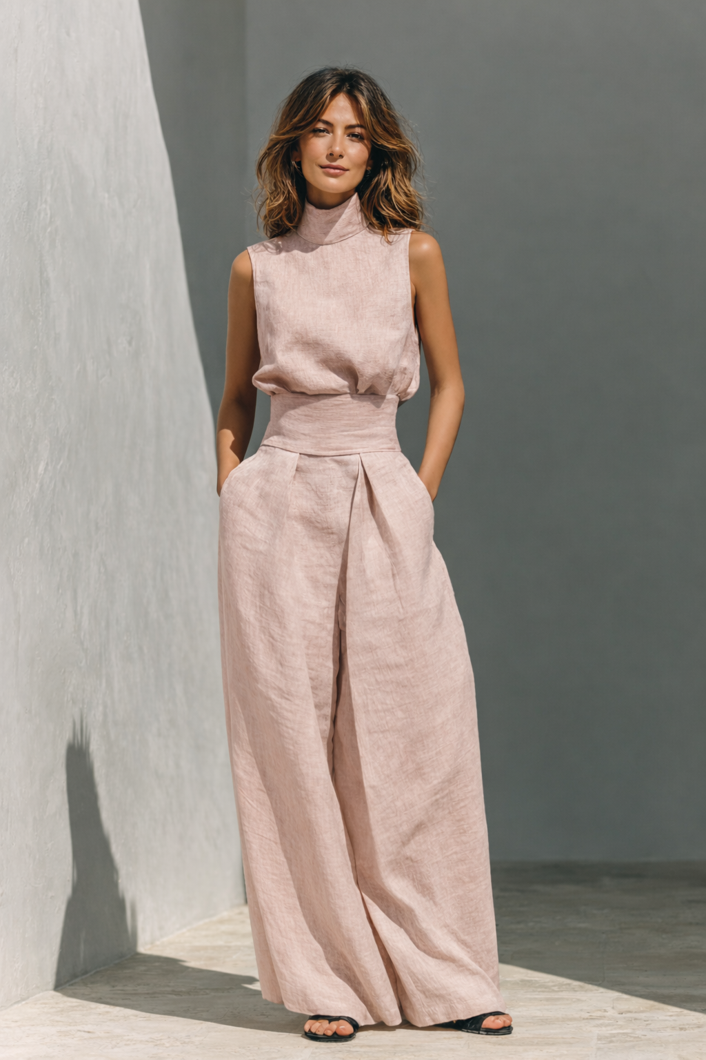 Maria - Complete set with tank top and wide pants in minimalist cotton and linen for women